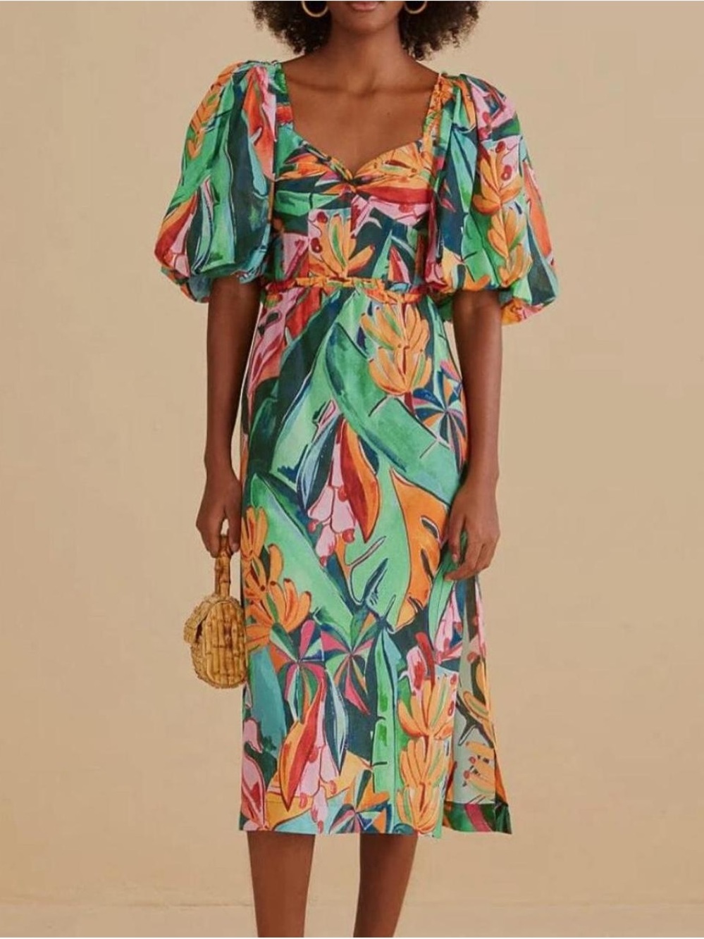 FARM Rio Green Multi Tropical Puff-Sleeve Midi Dress